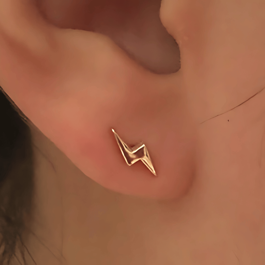 Lightning Bolt Silver Stud Earring in Gold Polish