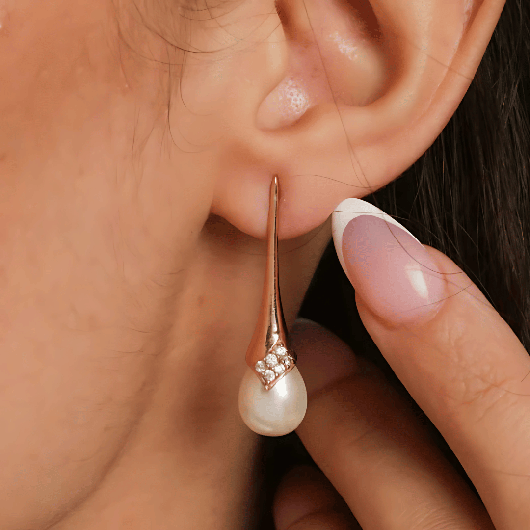 White Pearl Drop Silver Earring in gold polish