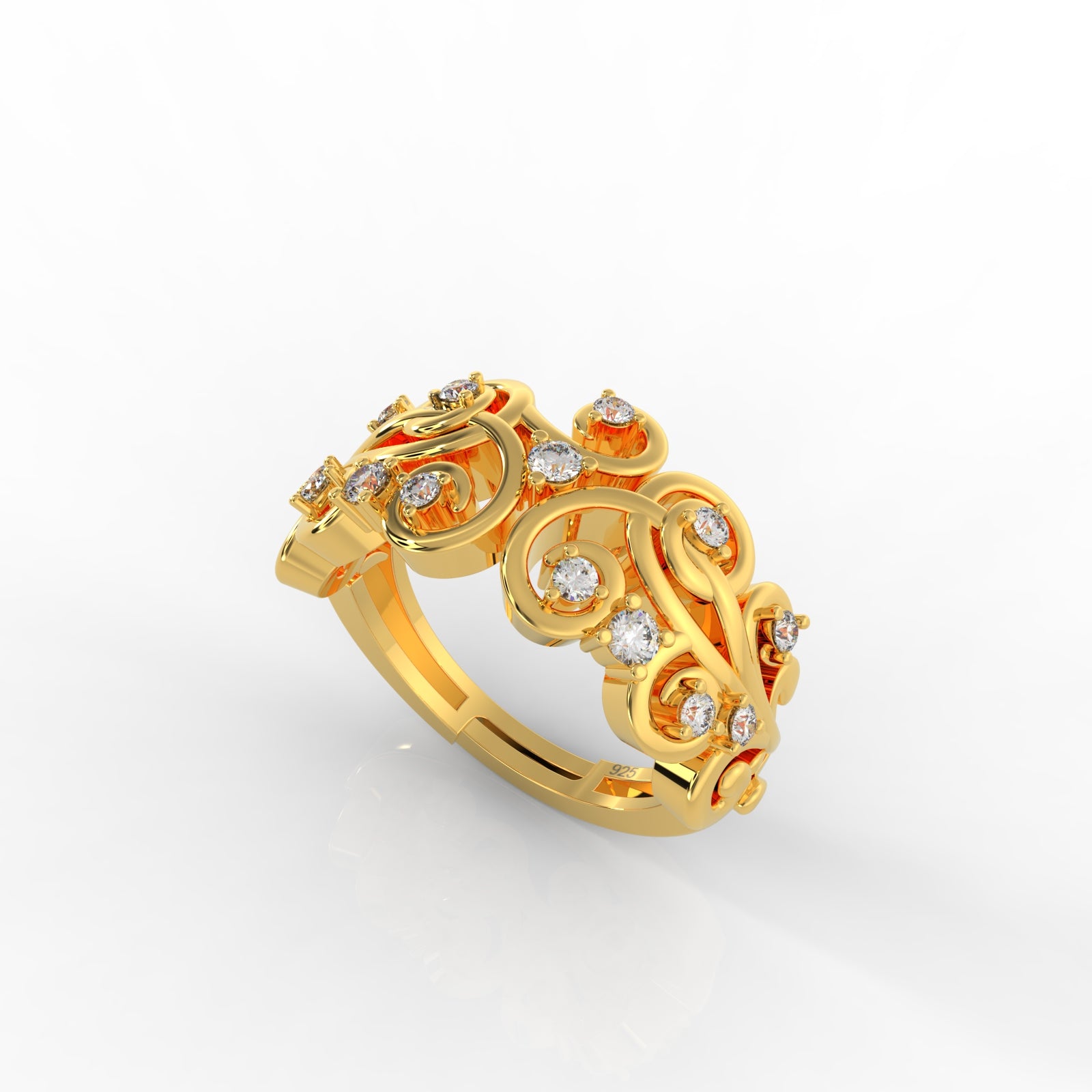 Trendy floral design silver ring in gold polish